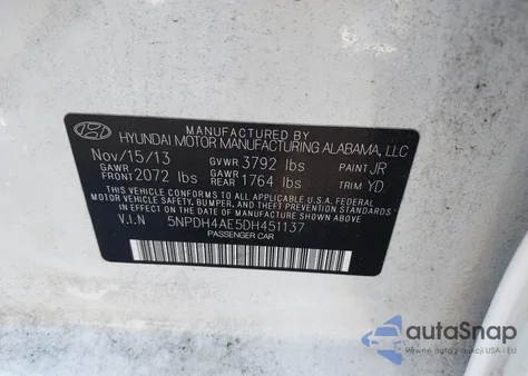 2013 Hyundai Elantra Gls z USA, uszkodzony, nr VIN 5NPDH4AE5DH451137